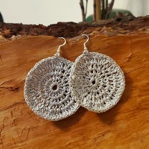 *One-of-a-kind* Vintage style, Handmade, crochet sparkly earrings, silver
